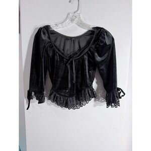 WIDOW gothic steampunk Black Velvet Puff Sleeve Lace Trimmed Blouse size XS